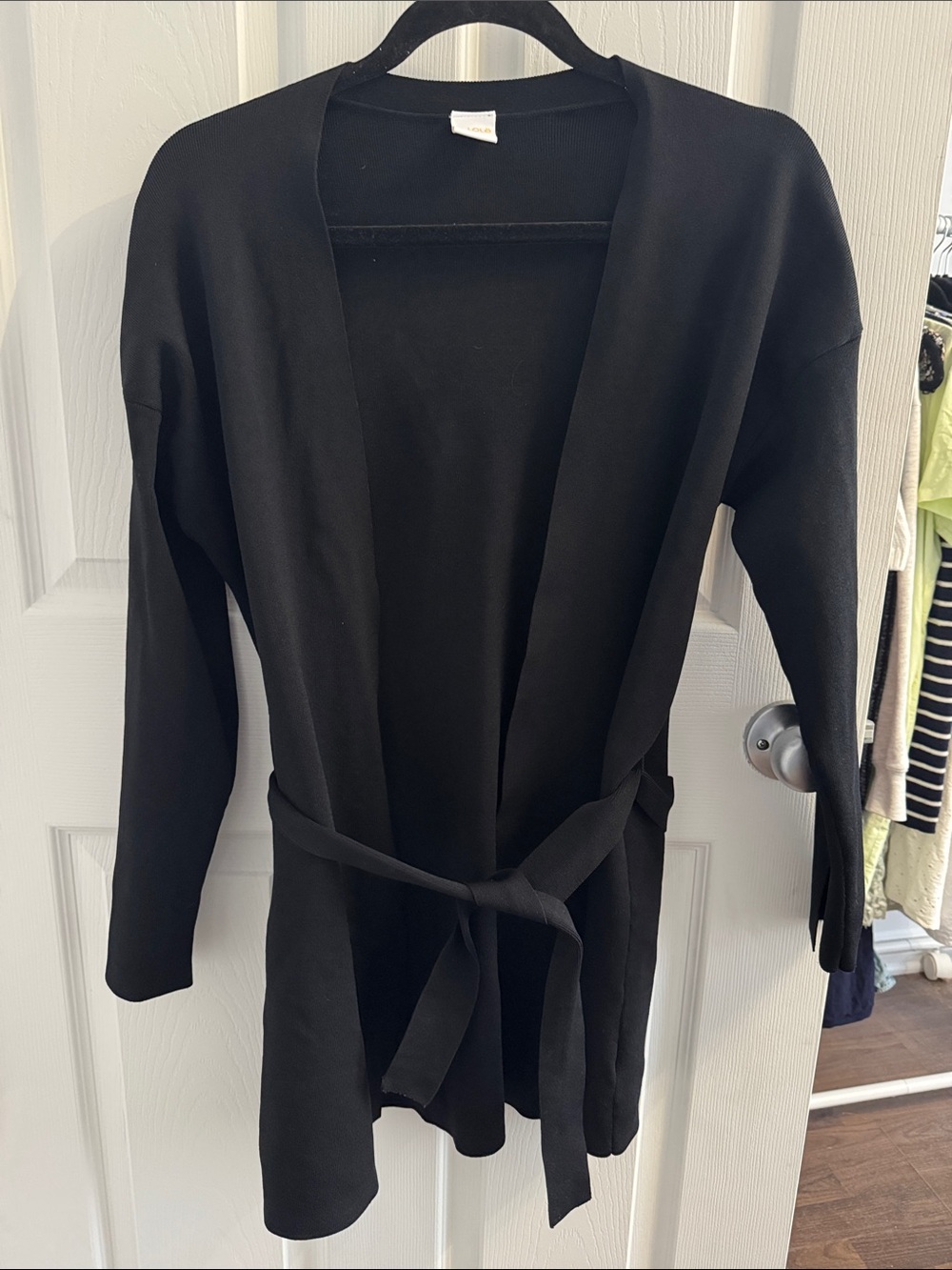 Lole Black Open-Front Belted Cardigan Sweater